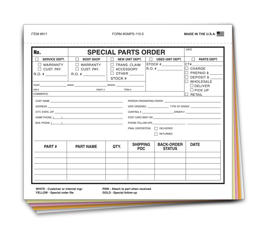SPECIAL PARTS ORDER FORM- NON CUSTOM 5 PART