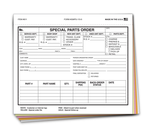 SPECIAL PARTS ORDER FORM- NON CUSTOM 5 PART
