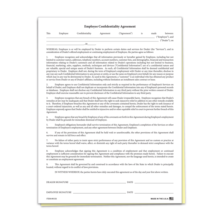 EMPLOYEE CONFIDENTIALITY AGREEMENT FORM