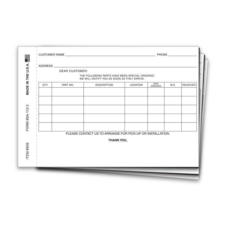 SPECIAL PARTS ORDER FORM-NON CUSTOM-3 PART