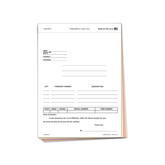 SPECIAL PARTS ORDER FORM-NON CUSTOM-POST CARD MAILER 4 PART