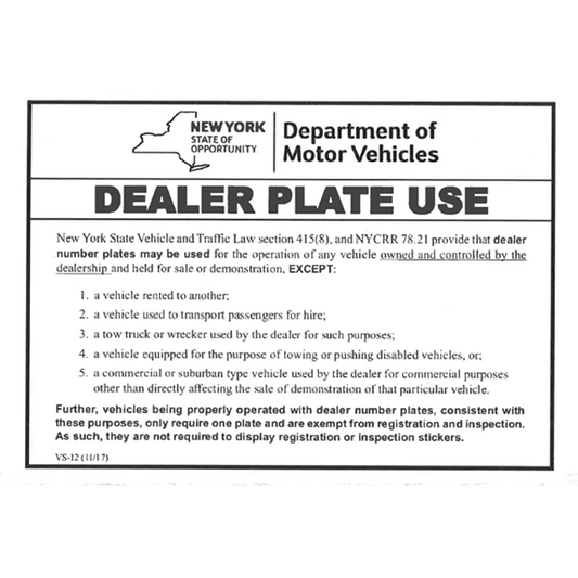 DEALER PLATE USE PLACARD