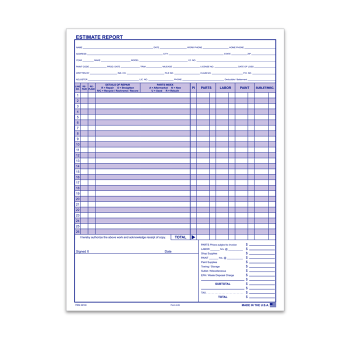 BODY SHOP REPAIR ESTIMATE, FORM 45