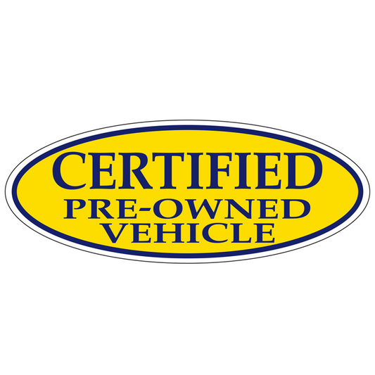 WINDOW STICKER, BLUE ON YELLOW OVAL, CERTIFIED PRE OWNED VEHICLE