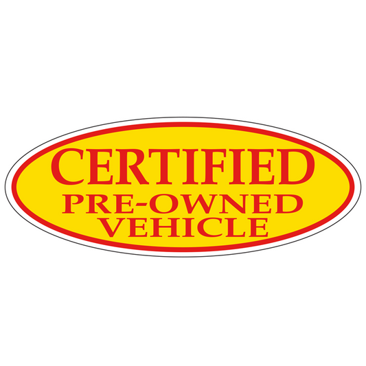 WINDOW STICKER, RED ON YELLOW OVAL, CERTIFIED PRE OWNED VEHICLE