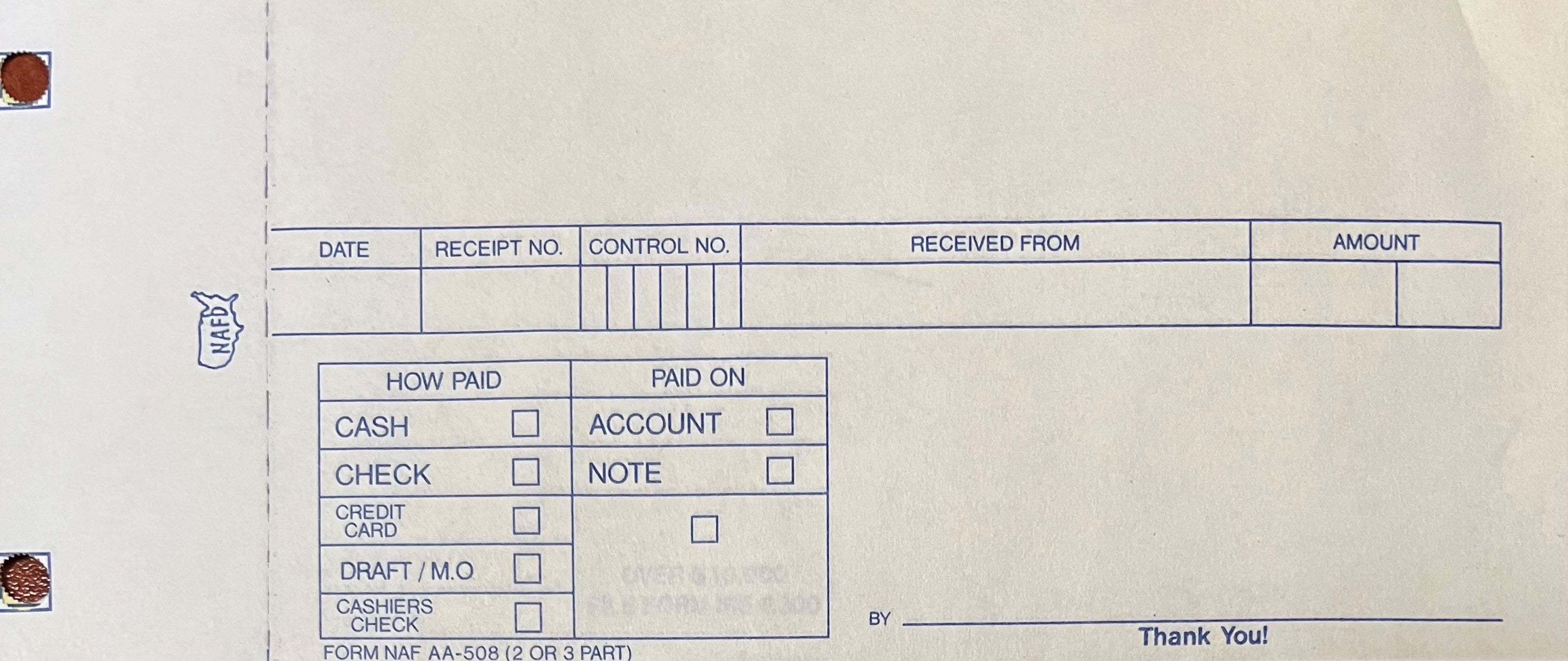 Cash Receipt 2 part SNYADS Services