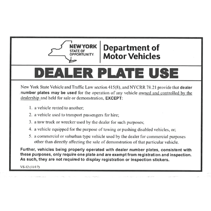 DEALER PLATE USE PLACARD