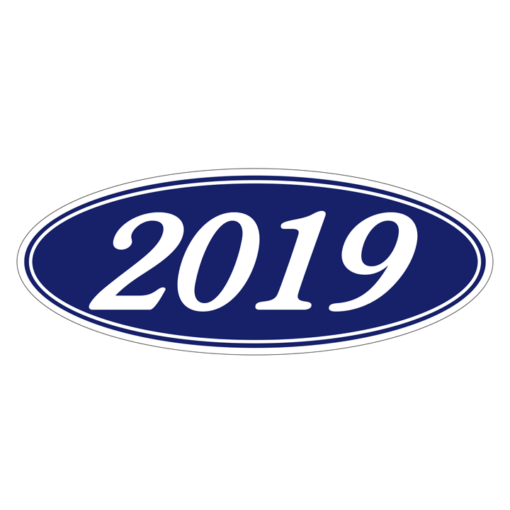 YEAR OVAL WINDOW STICKERS (WHITE ON BLUE)